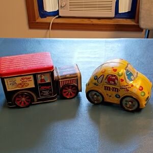 Rolling Tins M&M'S Yellow Bug  and Red Kelloggs Truck